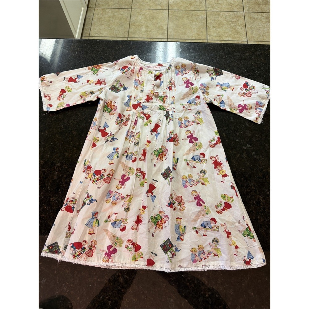 Powell Craft England Girls Nightgown Cotton Pajamas Gown Vintage Print Sz 1-2Y
